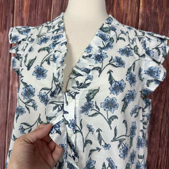 J Crew Blouse Top Womens Small Blue Floral Ruffle Flutter Sleeve Button Front - Picture 2 of 6